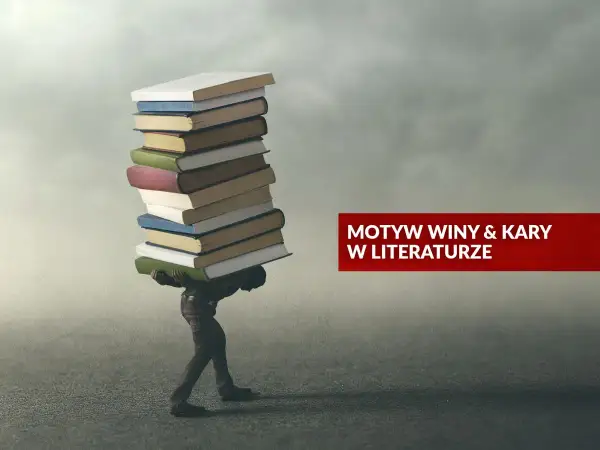 Postać dźwiga stos książek, symbolizując ciężar zbrodni i kary w literaturze.