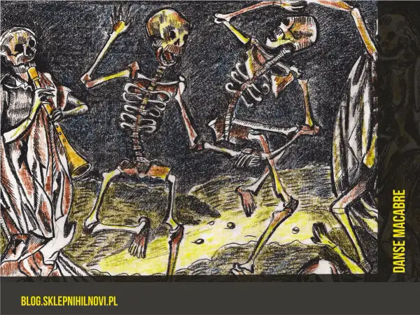 Szkielety tańczą w rytm muzyki granej przez jednego z nich. Obraz przedstawia taniec śmierci, danse macabre, w mrocznej, stylizowanej oprawie.