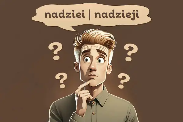 Zamyślony mężczyzna otoczony znakami zapytania, zastanawia się nad słowami "nadziei | nadzieji".