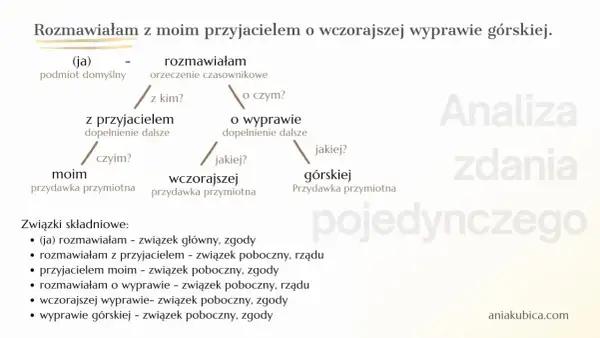 Analiza zdania pojedynczego: "Rozmawiałam z moim przyjacielem o wczorajszej wyprawie górskiej.