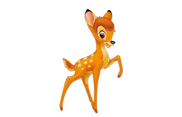 Uroczy Bambi, bohater kultowej bajki, wesoło podskakuje.