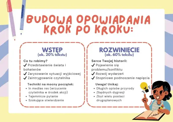 Budowa opowiadania krok po kroku: Wstęp (świat, bohaterowie, sytuacja, intryga) i Rozwinięcie (konflikt, rozwój akcji, napięcie). Przykład dobrej historii.