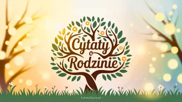 Drzewo życia z napisem "Cytaty o Rodzinie". Ciepłe, słoneczne tło z bokeh.
