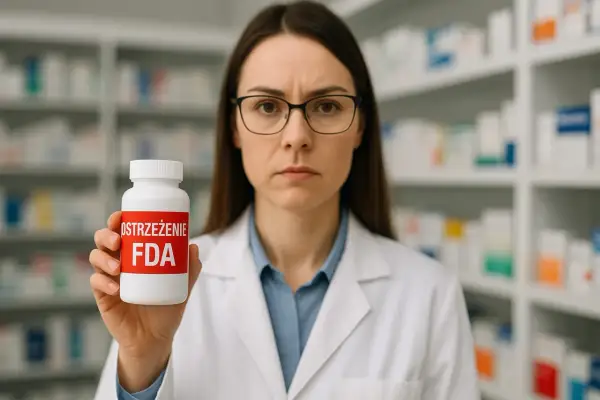 Farmaceutka z poważną miną trzyma białą buteleczkę z czerwonym napisem "OSTRZEŻENIE FDA".