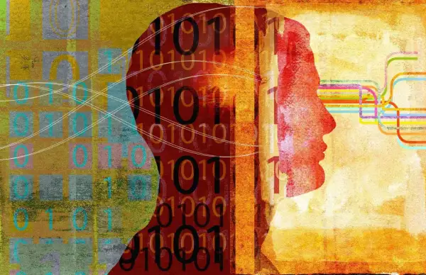 Sylwetka głowy z kodem binarnym w środku, symbolizująca ludzki umysł i jego związek z technologią. To obraz o silnym wydźwięku humanizmu.