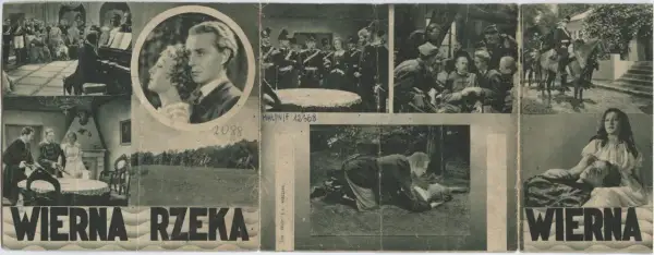 Kolaż scen z filmu "Wierna rzeka": para w okręgu, żołnierze, scena w lesie, kobieta z mężczyzną na rękach.