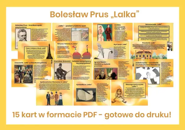 Grafika przedstawia streszczenie powieści "Lalka" Bolesława Prusa, z podziałem na kluczowe aspekty: bohaterów, motywy, styl, czas akcji i znaczenie.